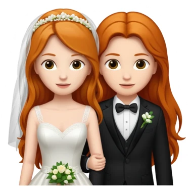 two girls getting married. one ginger with long hair in a BLACK SUIT. one DARK Haired brunette in a WEDDING dress sticker