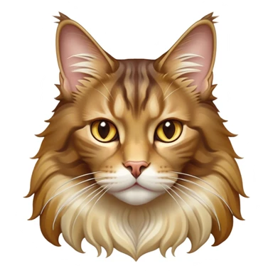 Cinematic Maine Coon Cat Portrait Emoji, Elegant and alert, sleek brown, gold, and cream tones, Simplified yet sharp features, highly detailed, glowing with a warm, confident glow, high shine, intelligent and poised, stylized with an air of grace, focused and attentive, soft glowing outline, capturing the essence of strength and grace, so lifelike it feels as though it could spring into motion with its majestic tail swishing at any moment! sticker