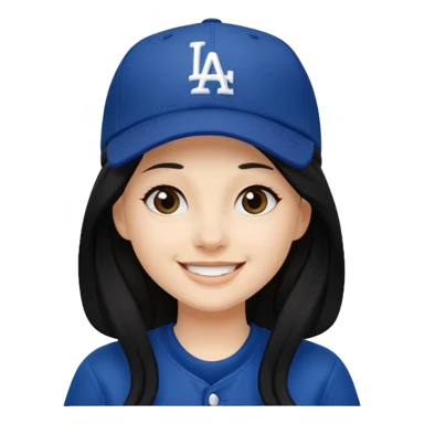 Can you make an emoji of a girl with fair skin with black long hair wearing an LA dodger hat. Only include her face no neck.  sticker