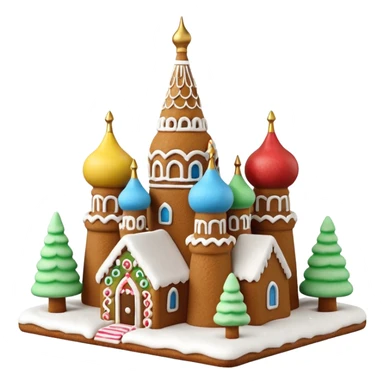 Apple style 3D emoji of a gingerbread house shaped like Saint
Basil's Cathedral. Detailed icing patterns, colorful candy domes, dusting of powdered sugar as snow. Warm cookie texture, cute 3D render, isolated on a white background, festive look. sticker