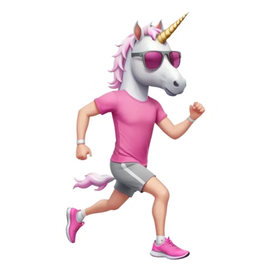 friendly anthropomorphised male white unicorn in grey shorts and pink t-shirt, wearing dark sunglasses, jogging upright in a standard pose sticker