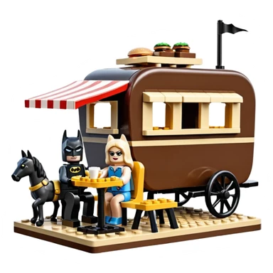  Ultra cute  Lego detailed 1854 Batman and pretty Catgirl dream horse drawn Caravan with picnic table and folding chairs alone at romantic afternoon (hot chocolate and cheeseburgers on the grill) sticker
