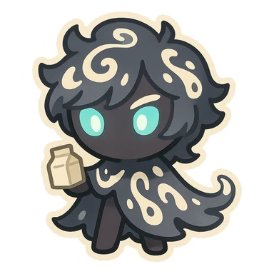 Chibi version of Shadow Milk Cookie, featuring a tiny body, large head, glowing eyes, and whimsical milk patterns sticker