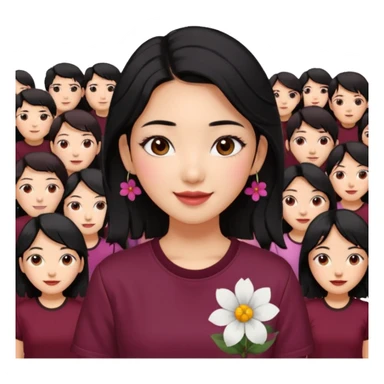 A Korean woman with messy and stylish black hair, a flower in her ear and an iconic Y2K shirt maroon and brown hazel eyes, makeup sweetie,A Style Vibe in the Crowd sticker