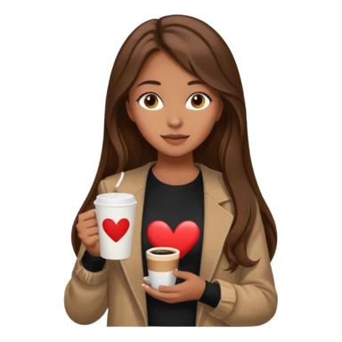 Un emoji de una chica con el pelo castaño y largo y suelto así como vestida como una that Girl y un café con dibujo de corazón y una cama aesthetic modo vida perfecta sticker