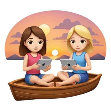 Girls sitting on a boat watching iPad at sunset sticker