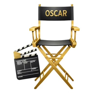 Icon for Directing: professional collage with director's chair, a film slate, a megaphone and an Oscar statuette. The icon should represent the creative and leadership aspects of directing, with focus on film and theater production. Transparent background. sticker