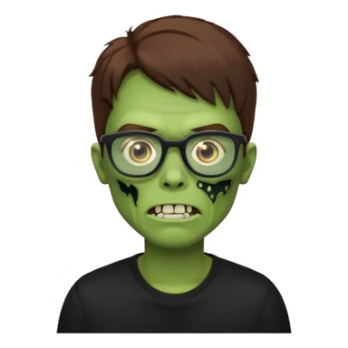 Green zombie, brown hair, black glasses, black shirt. iOS style. sticker