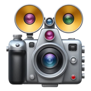 Minimal emoji icon of a huge cinematic metalic camera, front view, realistic lens, no gold sticker