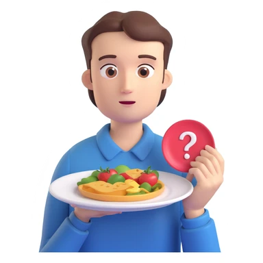 a person with a food plate, looking at it with doubt, question mark above head, no background sticker