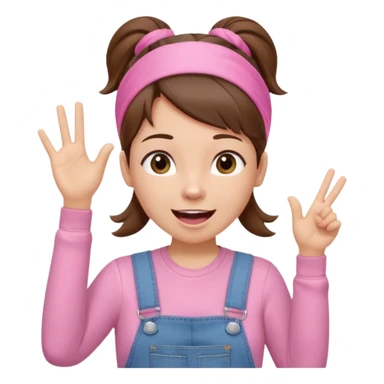 preschool teacher with brown hair pulled up in high ponytail and light pink headband. Has a pink t-shirt with denim overalls. Expression is happy and friendly with mouth wide open. Has one hand up waving hello. sticker