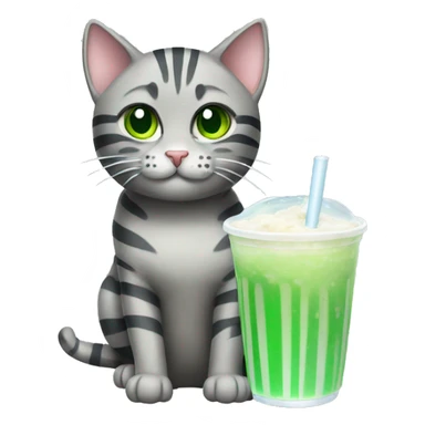 A striped grey cat with green eyes drinking boba sticker