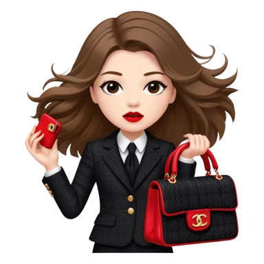 White girl with brown long hair dressed up in black chanel tweed suit with a red chanel bag and red lipstick. Close up with wind blowing her hair looking fancy sticker