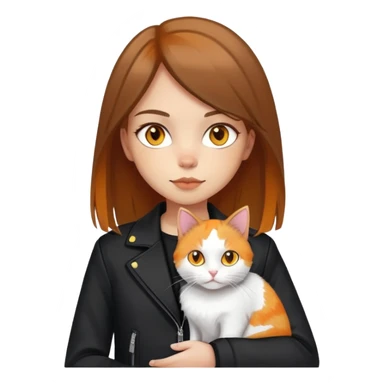 Light-skinned girl with brown straight hair wearing a black jacket, holding one pure white cat with yellow eyes and one calico cat with orange and black patches sticker