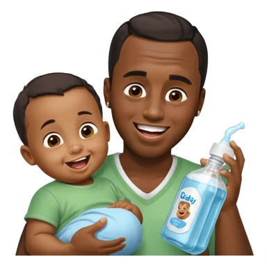 Sean “Diddy” Combs with baby oil and a very small infant and he’s pouring the baby oil on the infant that is laughing with a very exaggerated expression sticker