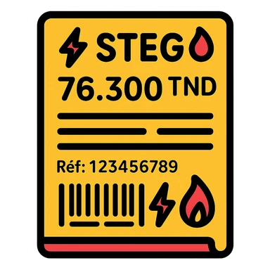 flat clean vector icon of a Tunisian STEG bill, bordered paper, text '⚡STEG🔥' at top, amount '76.300 TND', barcode, reference line 'Réf: 123456789', horizontal lines for details, electricity and gas icons, modern clear Tunisian-inspired, no background sticker