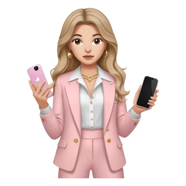 pale skin Chloe Kardashian with dark blonde wavy long Hair, light pink Spacious classical jacket, light pink palazzo Arrow pants and white blouse holding white IPhone 15 pro in the hands sticker