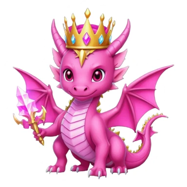 cute pink dragon queen, dark fantasy style, glowing red and pink eyes, magic lightning aura, royal crown, epic powerful pose, bold outline, transparent background, twitch badge sticker