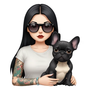 girl with long black  straight hair and tattoos and Wearing sunglasses and a black French bulldog sticker