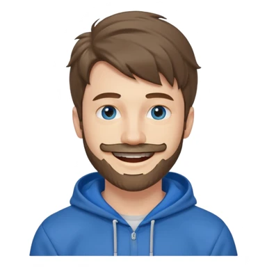 25 year old man, short scruffy beard and thin moustache, brown puffy mullet, blue eyes, big smile, white teeth, big lips, pronounced jaw, hair longer in back, sticking up on top, thin face, grey hooded sweatshirt, pale skin, big smile, blue eyes sticker