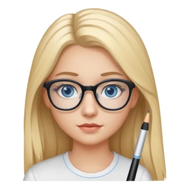 Fille 20ans qui a des cheveux long et blond  avec des lunettes et des yeux bleu- gris avec du mascara sur les yeux et un haut blanc sticker