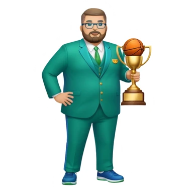 full body white obese male basketball coach with trophy. Goatee beard , Wearing glasses and blue and green suit sticker