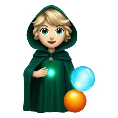 Taylor swift with blue eyes in dark green cloak holding an orange glowing orb sticker