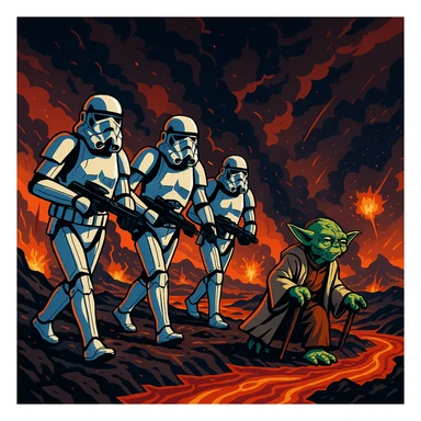 vector art of a Starwars stormtroopers is walking on lava planet with yoda, battleground background 
 sticker