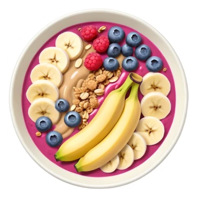 smoothie bowl with bananas, raspberries, blueberries, granola and peanut butter sticker