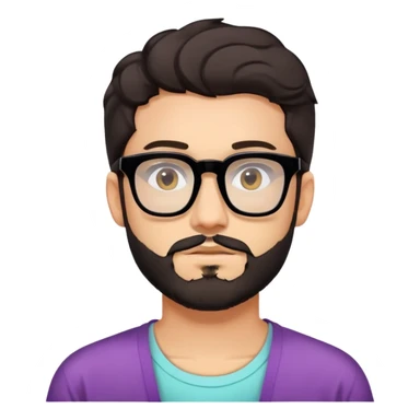 young adult man with light skin, short beard, dark wavy hair, relaxed expression, very wide rectangular glasses with thick black acetate frame and thick double bridge, retro oversized style, colorful open shirt and white t-shirt sticker