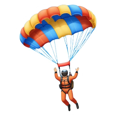Colorful emoji. A skydiver free-falling through the sky, with a brightly colored parachute open above them. The background features a vast blue sky dotted with fluffy clouds, birds soaring nearby, and a plane flying off in the distance, emphasizing the thrill and freedom of the sport. sticker