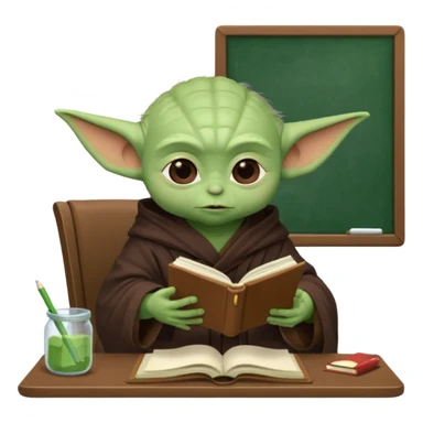 Baby Yoda con su tunica chocolate leyendo en un cuaderno sobre un escritorio en un aula de clases sticker