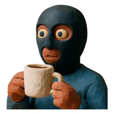 claymation style man's face with a black full mask drinking coffee sticker