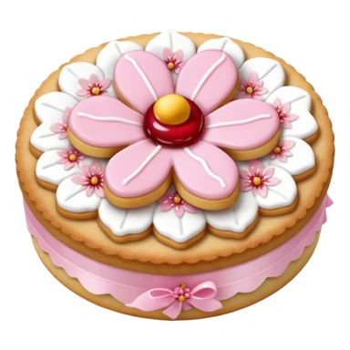 Realistic shortbread cookie in the shape of a cherry blossom with pale pink color jelly middle filling and sprinkled powder sugar on top. sticker