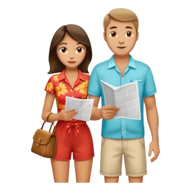 Russian man and elegant Spanish girl in vacation outfits with a map planning  sticker