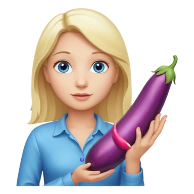 Blonde long hair girl, blue eyes, holding a long eggplant with both hands sticker