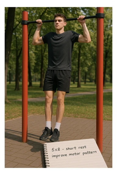 Giovane principiante dello streetlifting in un parco, fisico ancora asciutto, esegue lunghe serie di trazioni senza peso, con tecnica controllata. A terra, un taccuino con scritto '5x8 - riposo breve - migliorare schema motorio'. Espressione concentrata. Luce naturale, atmosfera educativa, senso di costruzione progressiva. sticker