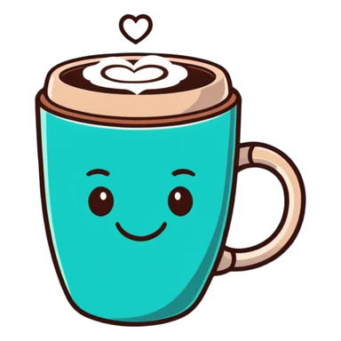 smiling hot coffee cup with heart-shaped steam, mocha brown tones, kawaii soft hand-drawn sticker