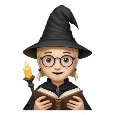 A happy boy with light skin, ponytail, wearing a wizard hat and square glasses, dressed in goth fashion, is reading a book while holding a phone. sticker