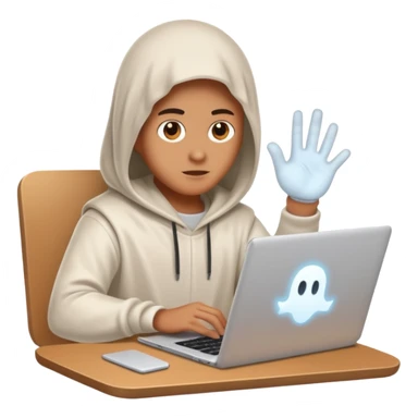 Create an emoji where an ungender person sits in front of the desk, designing ghost characters on laptop. Please refer to the attached image for ghost characters. sticker