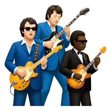 Icon for Blues Music: close-up collage of legendary blues artists. Gary Moore, Eric Clapton, B.B. King and Joe Cocker. Represented by silhouettes or symbolic items like guitars, microphones, or music notes, reflecting the soulful energy of blues music. Transparent background. sticker