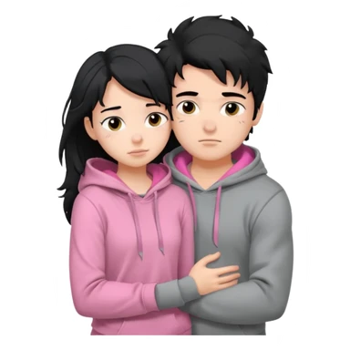generate a pretty bratz fair skinned boy with messy black hair in a grey hoodie. Hugging his girlfriend who is wearing pink. Make him muscled. Boy in grey hoodie, girl in pink sticker