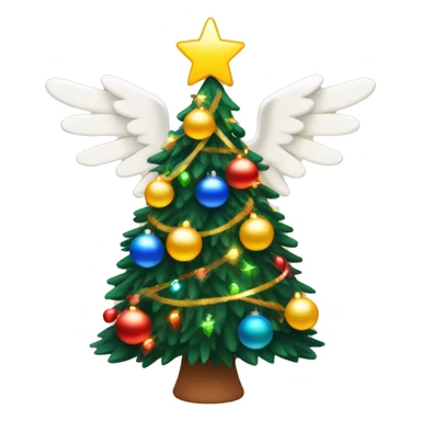 Warm toned Christmas tree with primary coloured Christmas lights around the tree, tinsel around the tree, and an angel on top of the tree sticker