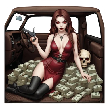 Lilith red eye seductress evil long brown haired sexy succubus woman with leather long dress with slit on, sitting in Big Large F350 pickup truck. Back seat full of stacks of cash, she is  Holding a human skull of her enemies and a gun in other hand sticker