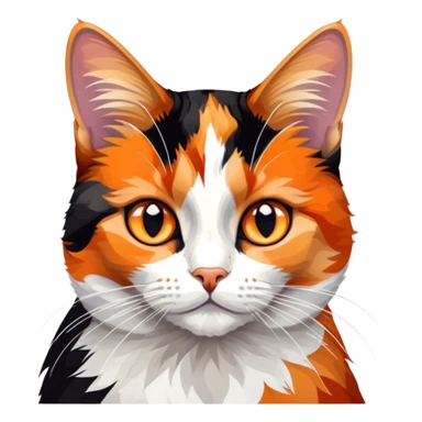 cinematic-noble-calico-cat-portrait-emoji,-poised-and-regal,-with-a-striking-patchwork-fur-in-vibrant-orange,-black,-and-white-hues,-delicate-whiskers-and-a-refined,-focused-gaze,-simplified-yet-exquisitely-detailed,-glowing sticker