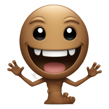 a smiling emoji, with shaking hand, in brown color, interpreting an alien creature sticker