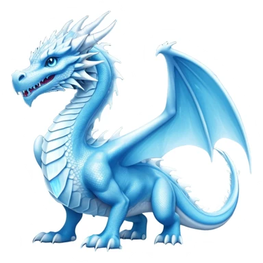 Cinematic Noble wise elegant Ice Dragon full body  Emoji, Poised and imposing, distinct long elegant snout, with a slender, scaled body shimmering in glacial hues of icy blue, frostbitten silver, and crystalline white, breathing out frost, with piercing, glowing ice blue white eyes that radiate the chilling depths of an arctic storm; rendered in detail. excuding wisdom sticker
