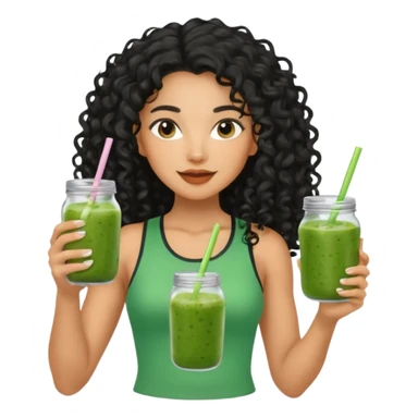 Mixed-race athletic woman with caramel skin, long black curly hair, holding a glass jar of green smoothie, pastel background sticker