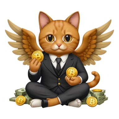 cat wings mafia corleone sitting on money, bitcoin BTC on hand sticker