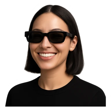 a woman with black rectangular sunglasses, smiling, minimal background, headshot, modern look sticker
